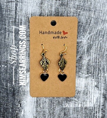 Handmade Bronze Leaves Charms with Hearts Earrings (black hearts) Handmade Bronze Leaves Charms with Hearts Earrings (black hearts)