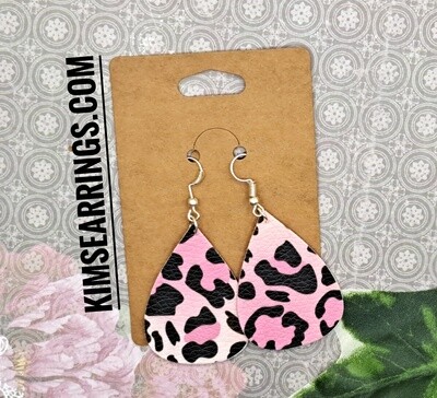 Handmade Pink/Black Print Faux Leather Teardrops Earrings (small size)