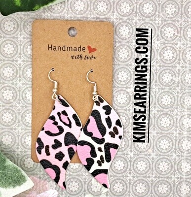 Handmade Pink/Black Print Faux Leather Leaf Earrings (large size)