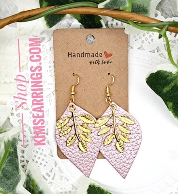 Handmade Pink Leaf Faux Leather with Gold Leaf Charms Earrings