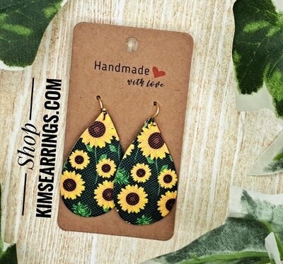 Handmade Sunflowers Faux Leather Teardrop Shaped Earrings