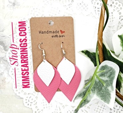 Handmade Layered White/Pink Leaf Faux Leather Earrings