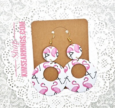 Handmade Pink Flamingoes Circle Hoop Faux Leather Earrings