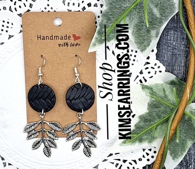 Handmade Circle Faux Leather with Large Silver Leaf Charms Earrings