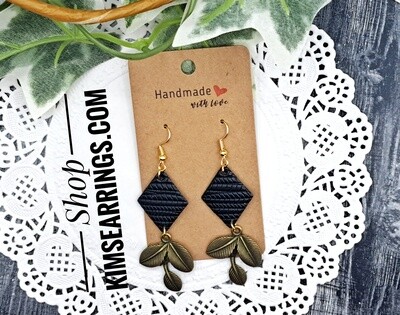 Handmade Diamond Faux Leather with Antique Bronze Leaf Charms Earrings