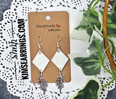 Handmade Diamond Glitter Faux Leather with Silver Leaf Charms Earrings