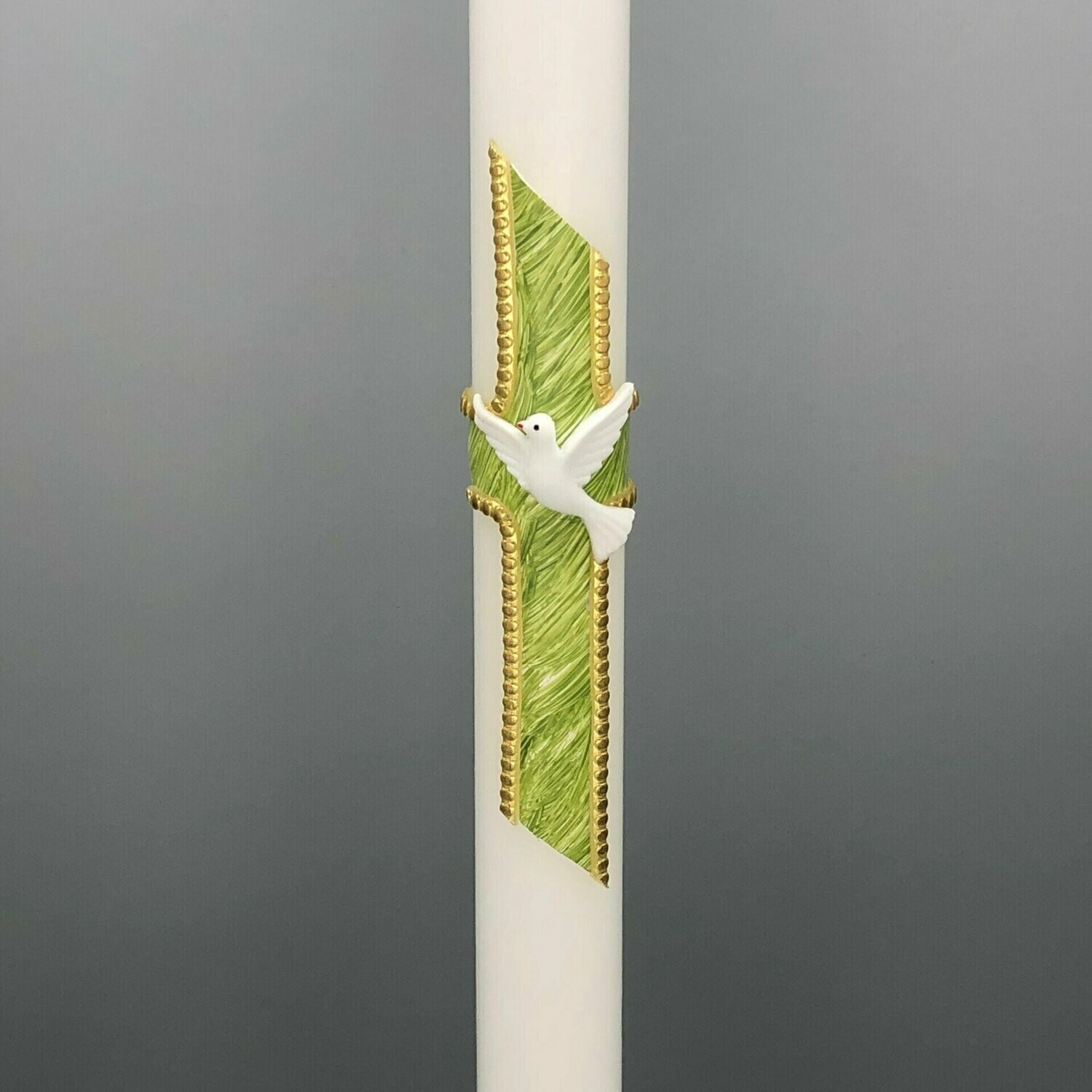 Kerze mit eingefasstem Kreuz und Taube