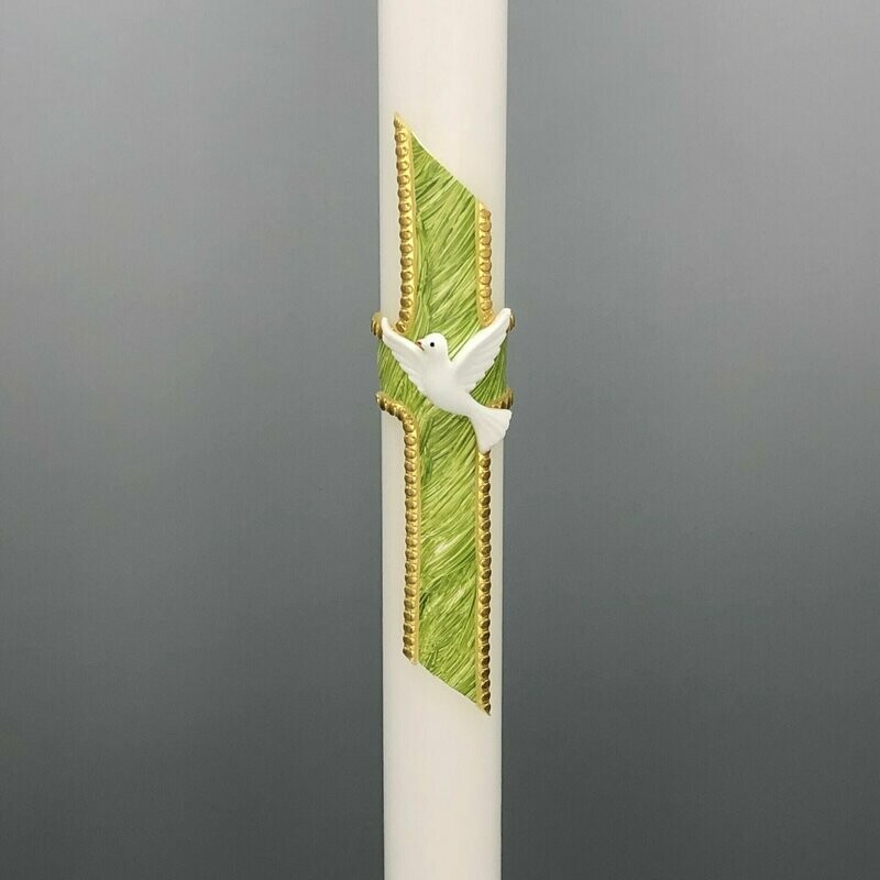 Kerze mit eingefasstem Kreuz und Taube