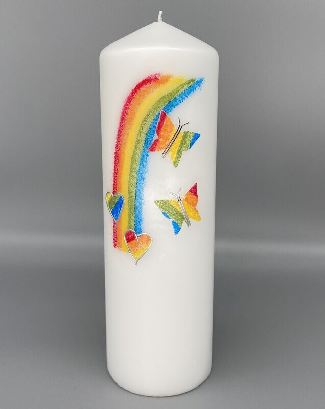 Kerze mit Regenbogen, Schmetterlingen und Herzen