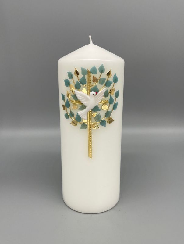 Kerze Lebensbaum mit Kreuz und Taube