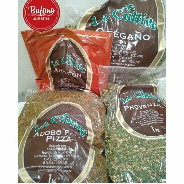 Adobo - Ají molido - Orégano - Pimentón - Chimichurri - Provenzal - Comino - Pimienta blanca
