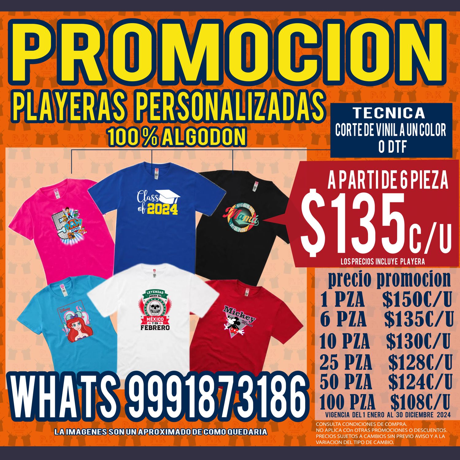 Playera de algodón 100% de color personalizada con  DTF o corte de vinil a un color