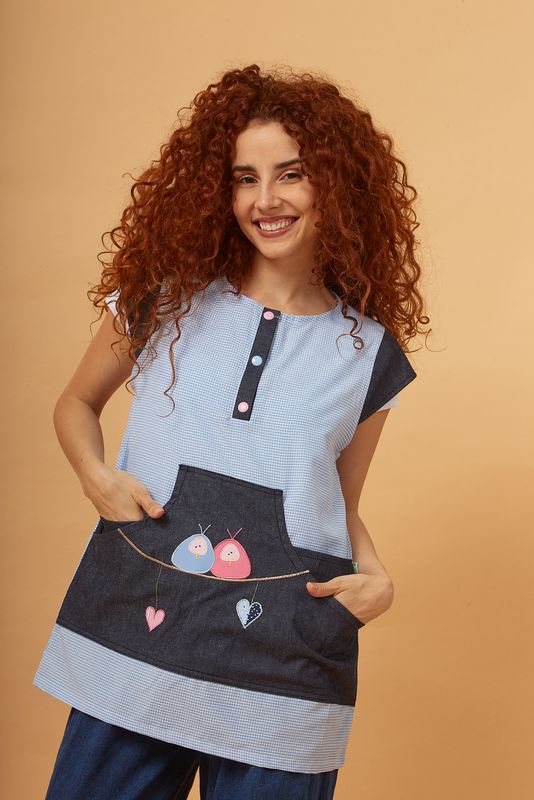 CAMILA  CUADRILLÉ  CELESTE  con pajaritos