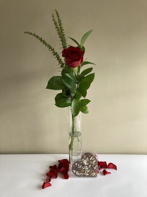 Red Rose with Vase & Chocolate Heart