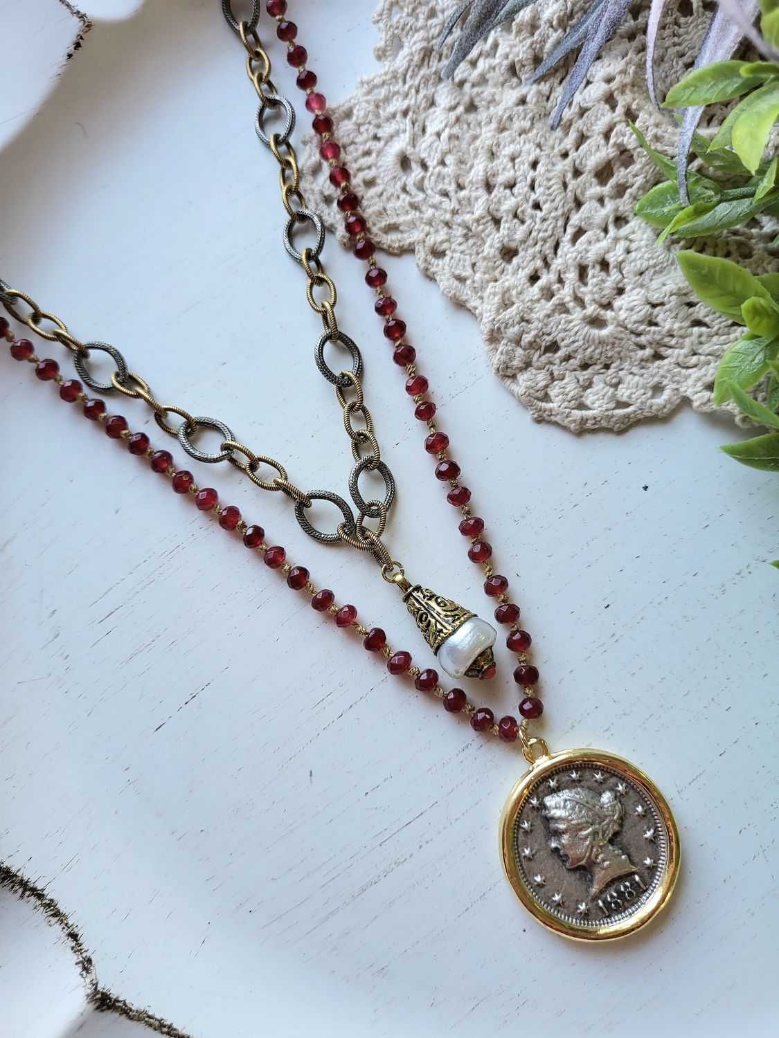 Garnet &amp; Chain Necklace