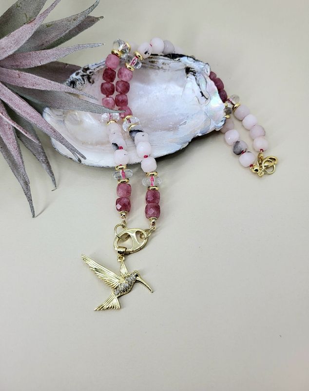 Pink opal and quartz charm necklace