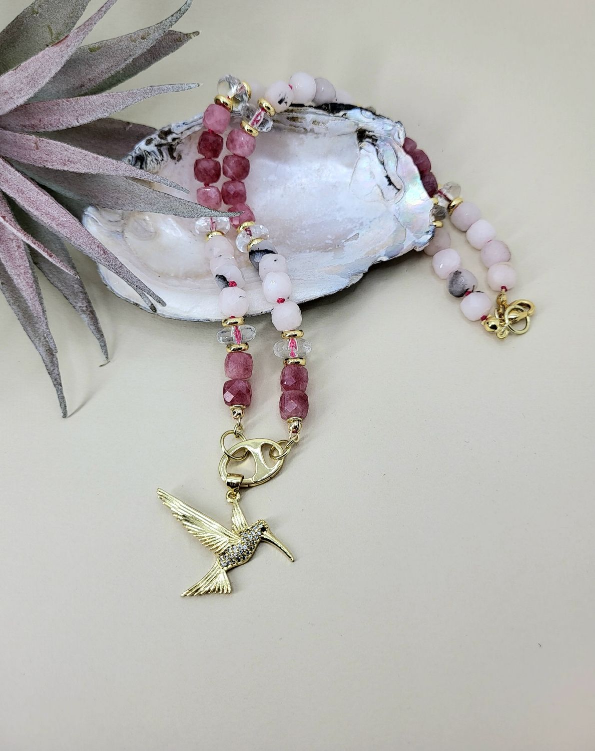 Pink opal and quartz charm necklace