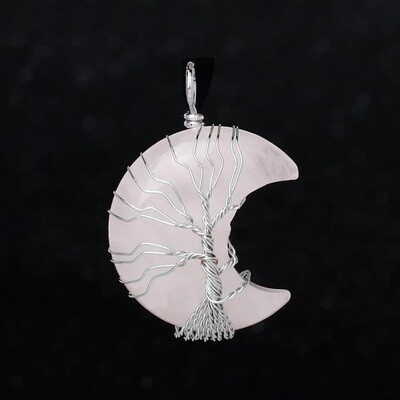 Pandantiv Cuart Roz Luna cu montura Pomul Vietii Pandantiv Cuart Roz Luna cu montura Pomul Vietii