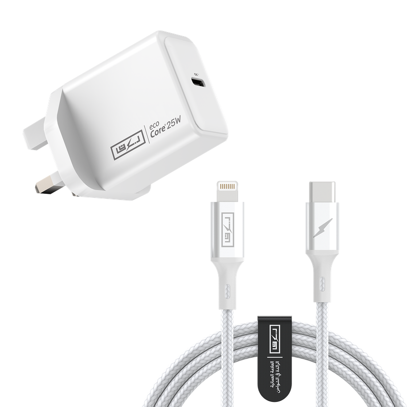 مجموعة: شحن "ايكو-كور 2 - 25 واط" + كابل شحن معتمد للايفون Mfi [آيفون 14 فما قبل]