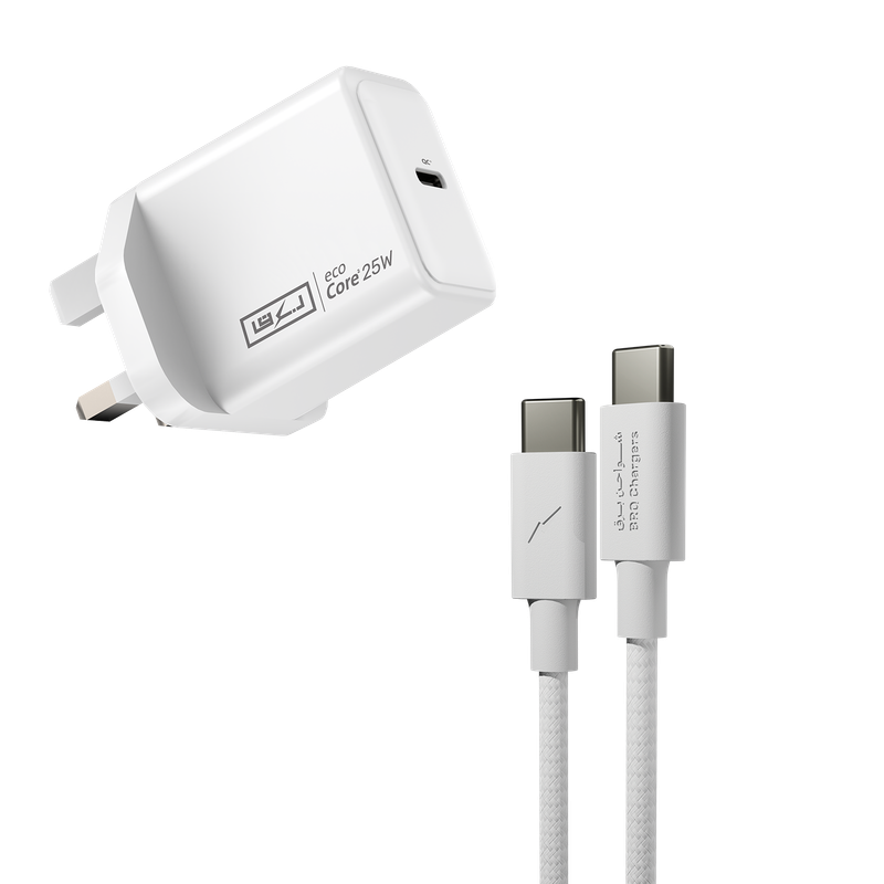 حزمة شحن متكاملة: كابل شحن سريع Gen3 تايب-سي إلى تايب-سي 60 واط + شاحن برق إيكو-كور 2 بقوة 25 واط وتقنية QCai