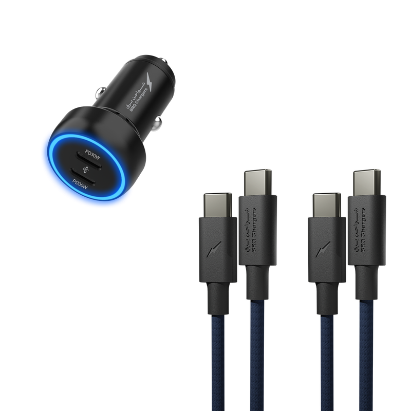 حزمة شحن متكاملة: عدد 2 كابل شحن سريع Gen3 تايب-سي إلى تايب-سي 60 واط + شاحن مركبة 60 واط ثنائي المنفذ