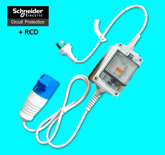 Adaptor cable 2M, 16-amp installation to 10-amp outlet, weatherproof (RCBO) MCB &amp; RCD Protected.