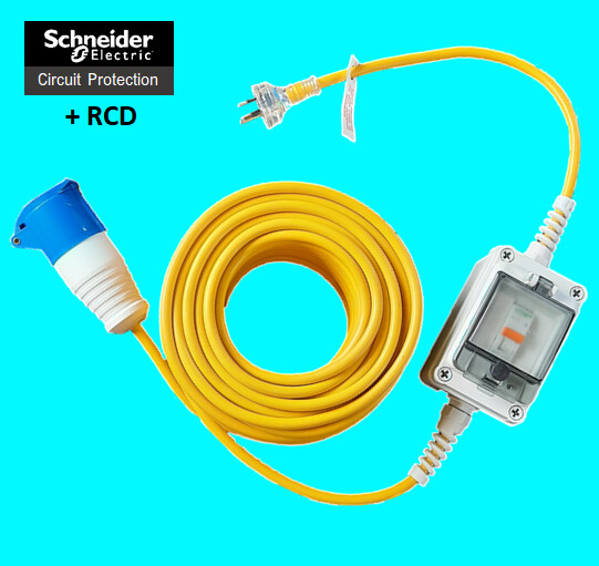 Adaptor cable 25M, 16-amp installation to 10-amp outlet, weatherproof (RCBO) MCB &amp; RCD Protected.