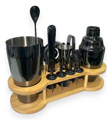 Set 15 Piezas De Cocteleria Metal Barman Soporte Bambu