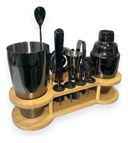 Set 15 Piezas De Cocteleria Metal Barman Soporte Bambu, Color: Negro