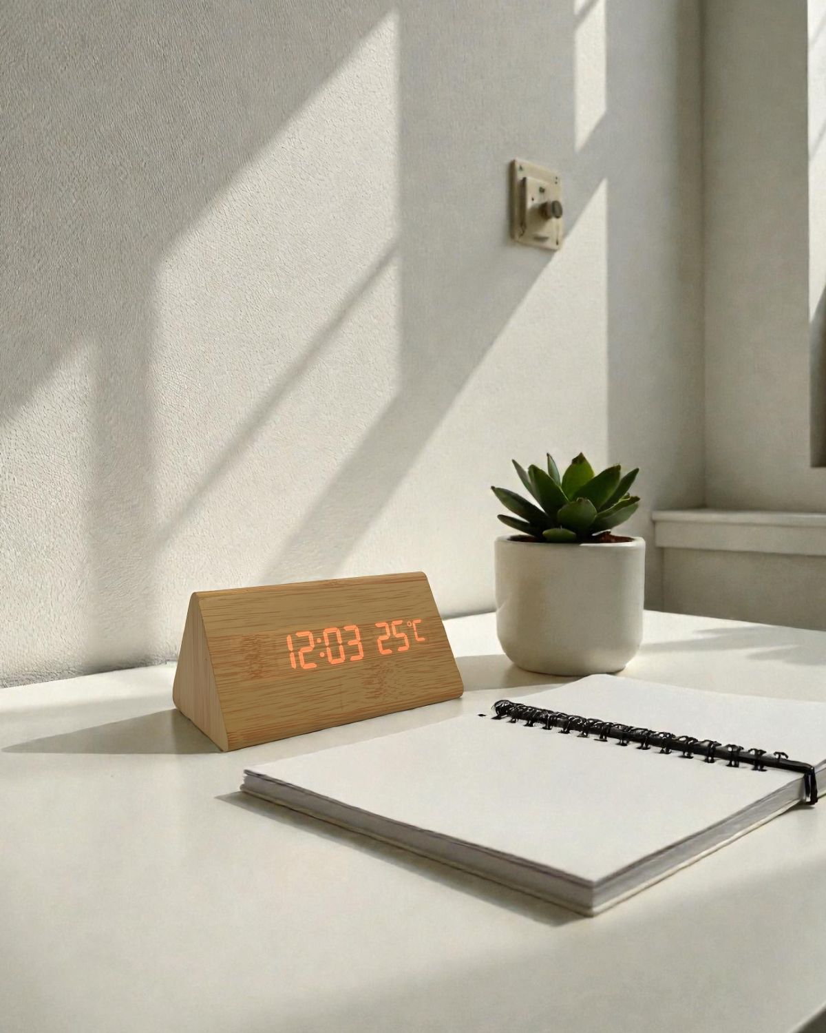 Reloj Digital De Madera Fecha Y Temperatura Triangular Grande