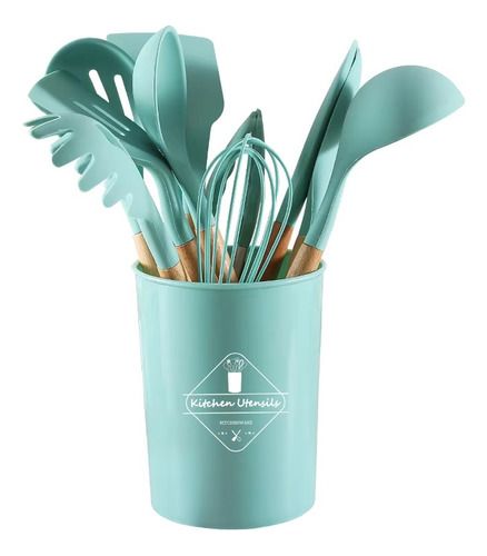 Set Kit De Cocina 12 Utensilios De Silicona Antiadherente, Color: Verde