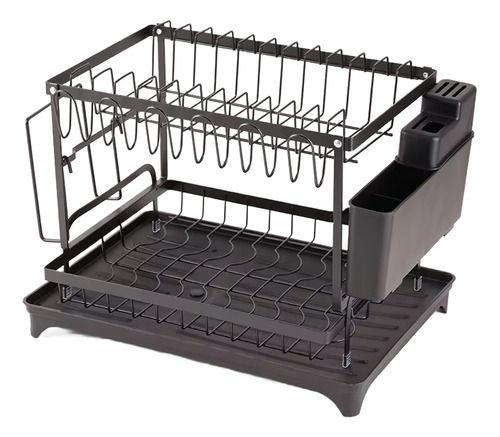 Escurridor Con Drenaje 2 Niveles Cubertero, Color: Negro