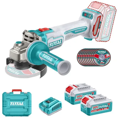 Amoladora Inalámbrica Total 20v Industrial - Sin Carbones 1200w - 4.1/2 Pulgadas, 115mm, Mango Antivibración - Con 2 Baterías 5.0ah Litio-ion, Cargador, Maletín Y Discos