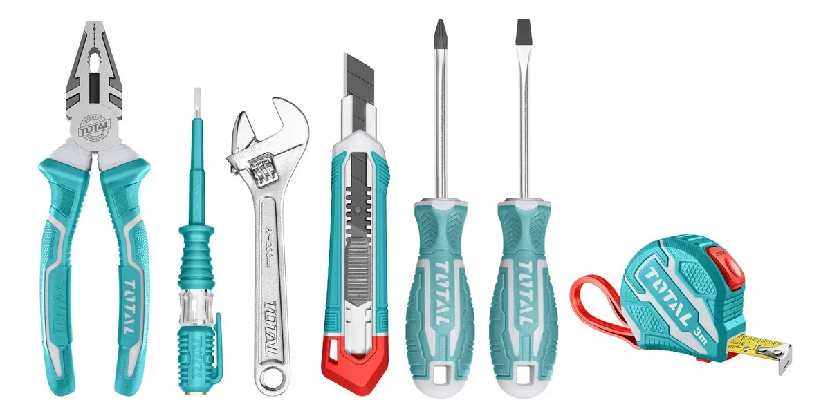 Juego 7 Herramientas Total: Pinza, Destornilladores, Llave, Cinta Métrica, Trincheta Y Tester