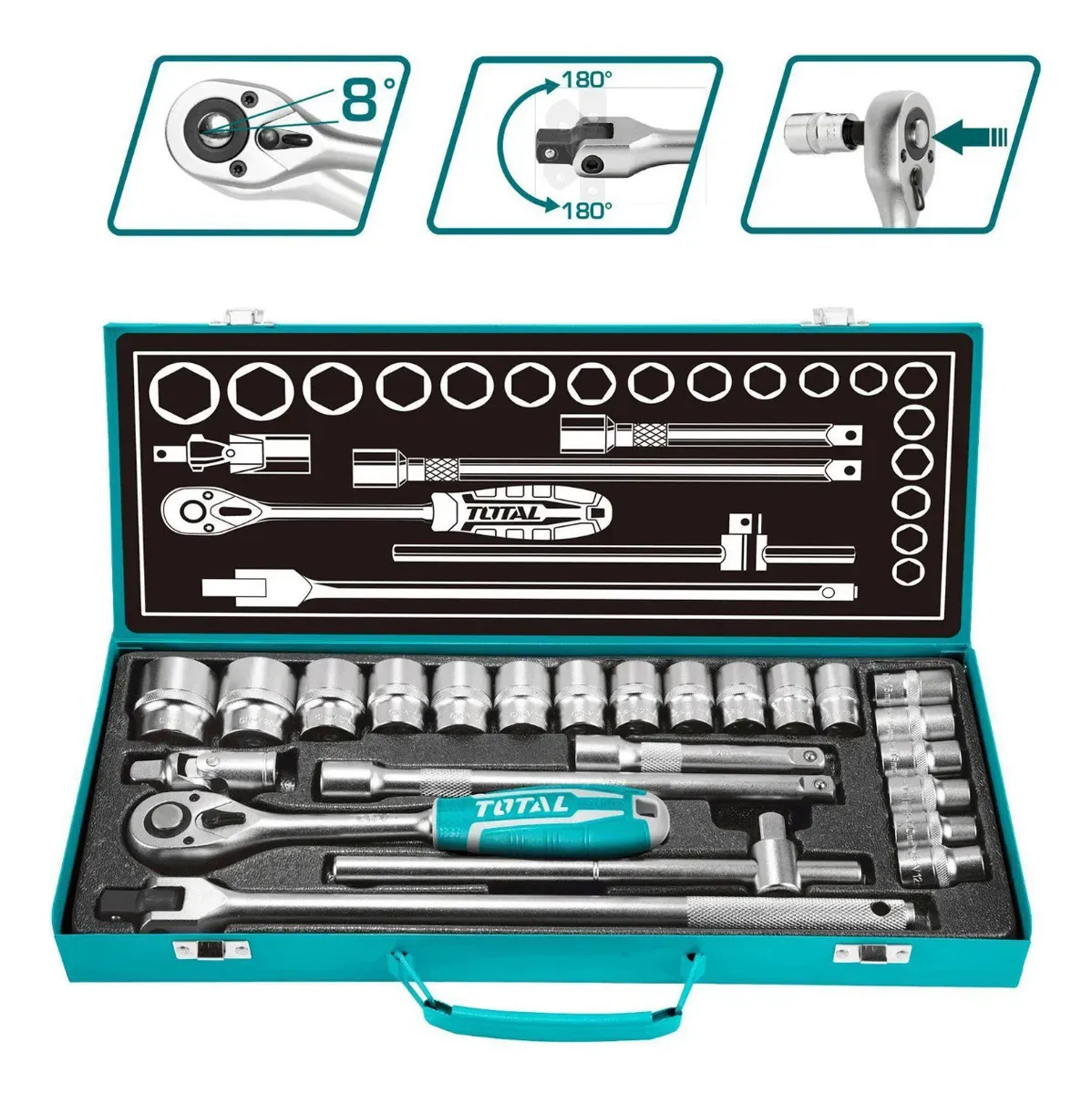 Juego De Dados, Tubos Y Llave Crique Total, Industrial, 24 Piezas, Encastre 1/2'' - Incluye Maletín Metálico