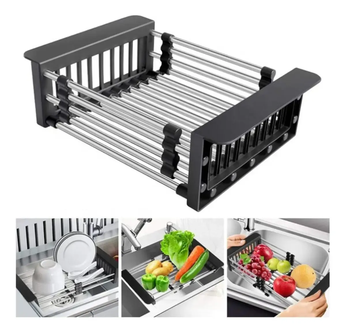 Escurridor Seca Platos Extensible Ajustable De Acero Inoxidable Siliconia Color Negro