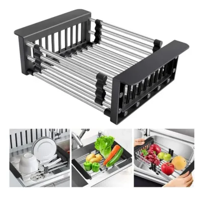 Escurridor Seca Platos Extensible Ajustable De Acero Inoxidable Siliconia Color Negro