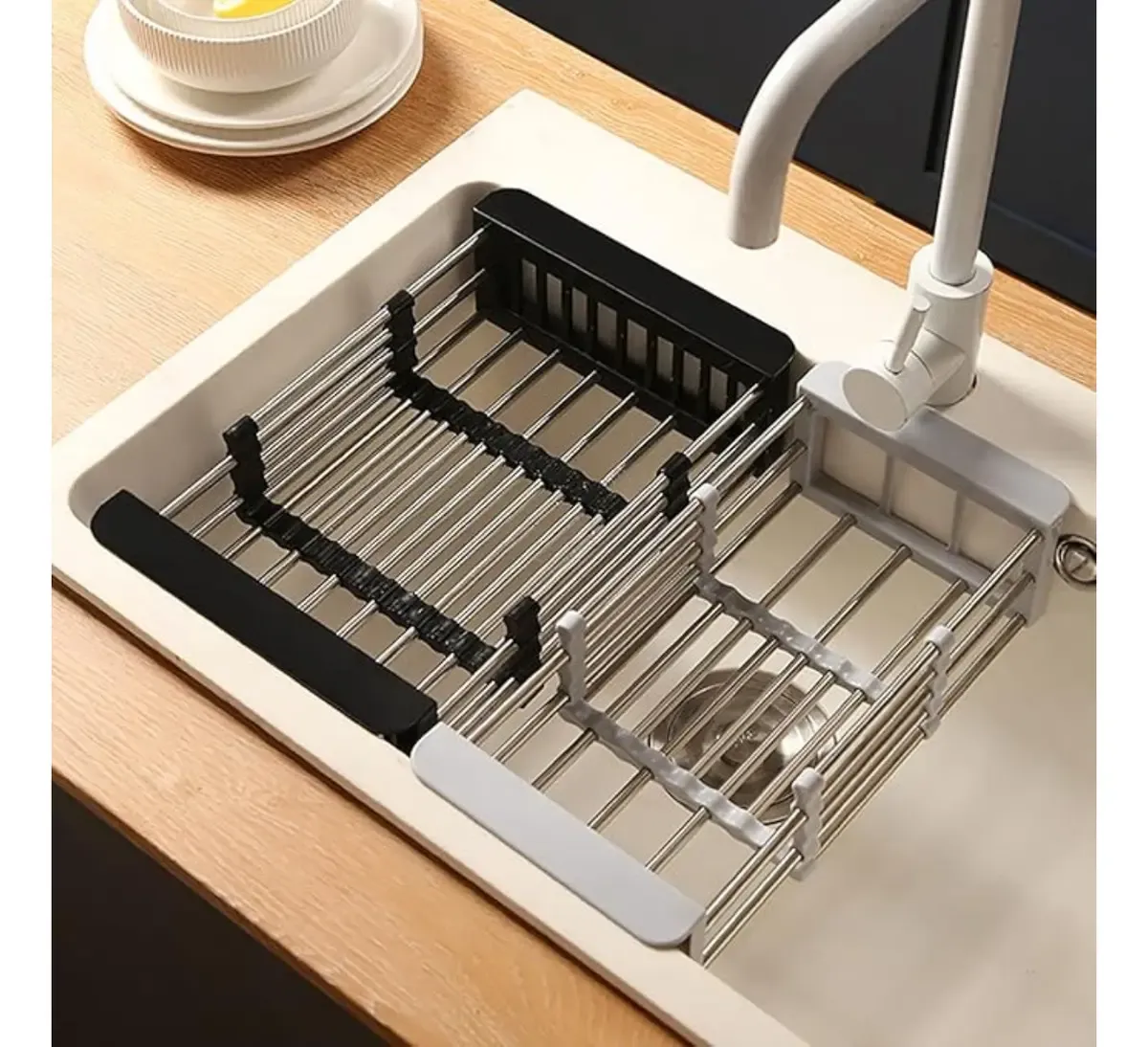 Escurridor Seca Platos Extensible Ajustable De Acero Inoxidable Siliconia Color Negro