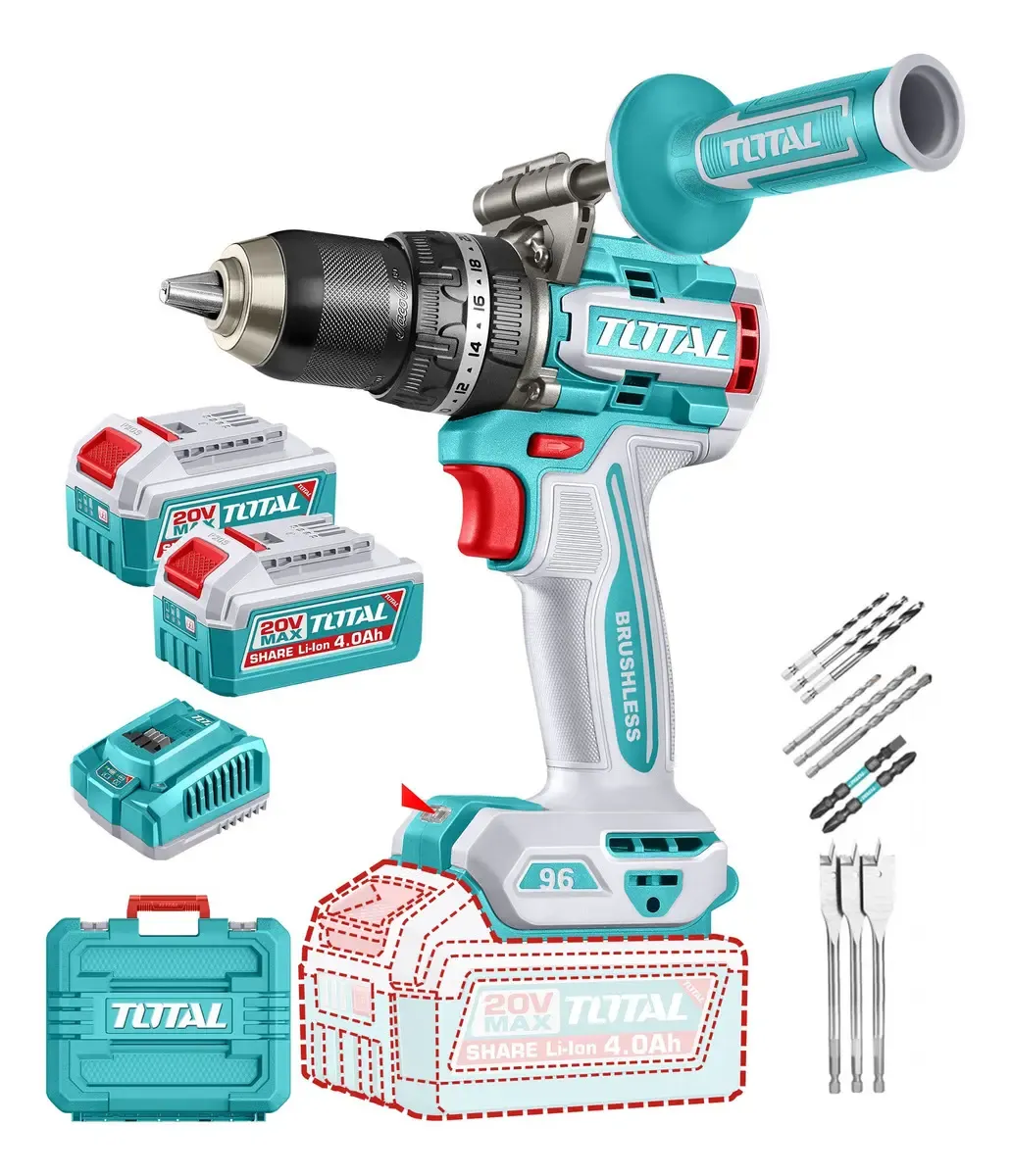 Taladro Percutor Y Atornillador Inalámbrico Total 20v, Industrial, Motor Sin Carbones - Mandril 13mm, 96nm - Con 2 Baterías 4.0ah Litio-ion, Cargador 4a, Maletín, Mechas Y Puntas