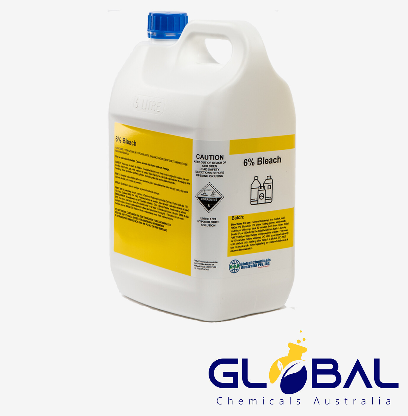 Global Bleach 6%, Size: 5 Litre Bottle