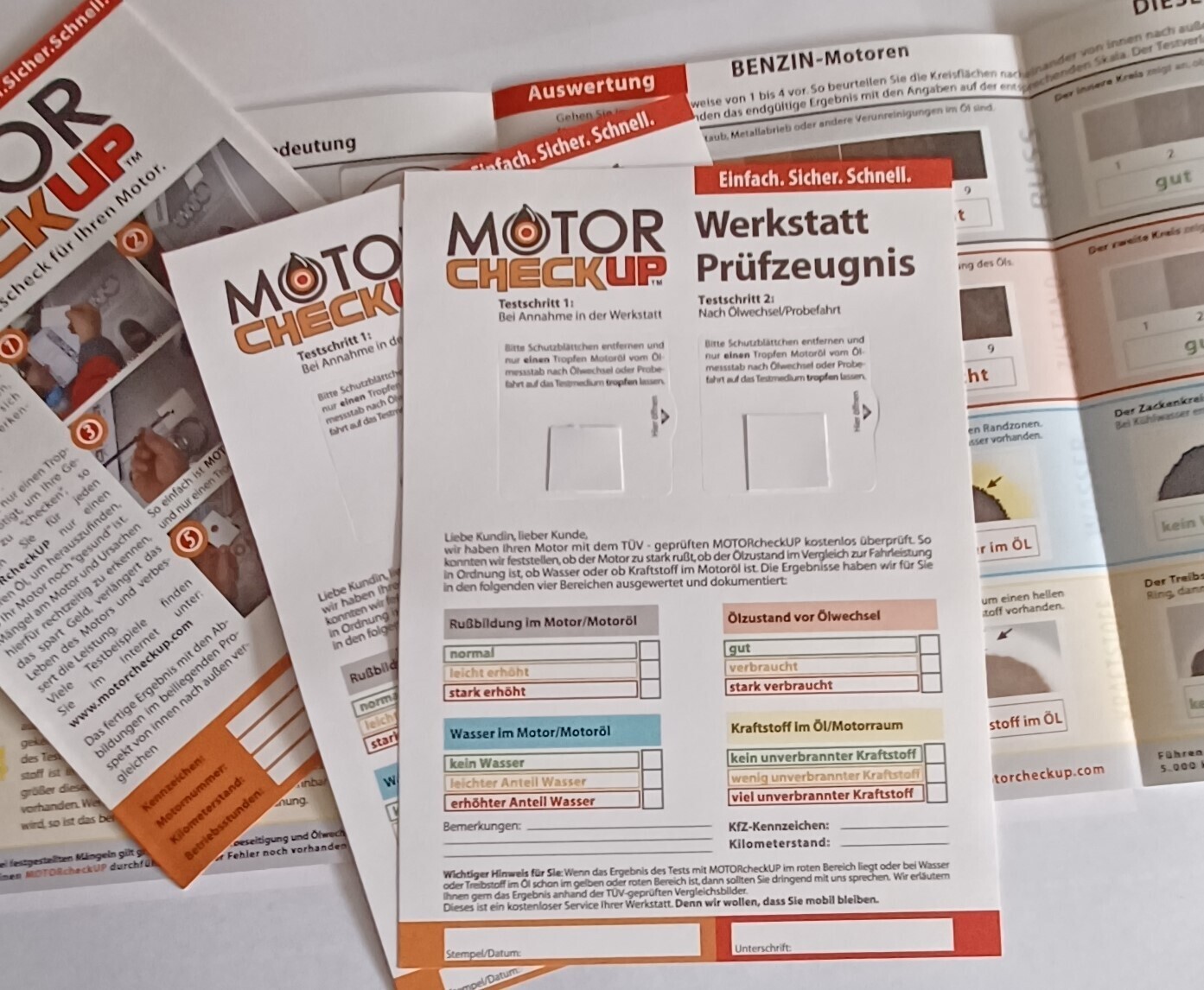 MOTORcheckUP Werkstatt-Test mit zwei Testfeldern zum Überprüfen des Gesundheitszustands von Motoren VORHER und NACHHER plus Versand 2,50 €