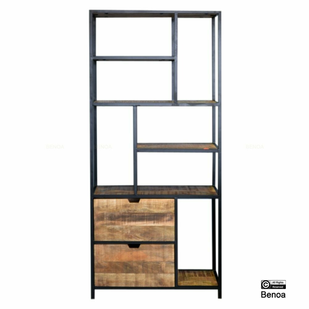 Boekenkast met 2 lades (naturel mangohout en staal)