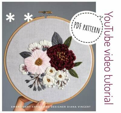 "Pink and burgundy peonies" pdf pattern 20 cm (8") or 17,5cm (7")  + video tutorial