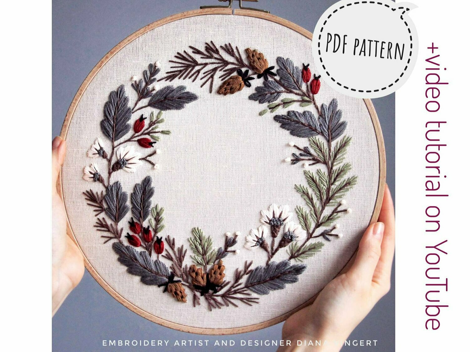 "Floral wreath" pdf pattern 25/26 cm (10 inch) + video tutorial