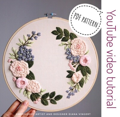 "Peach blossom and blue hydrangea" pdf pattern 26 cm (10") + video tutorial