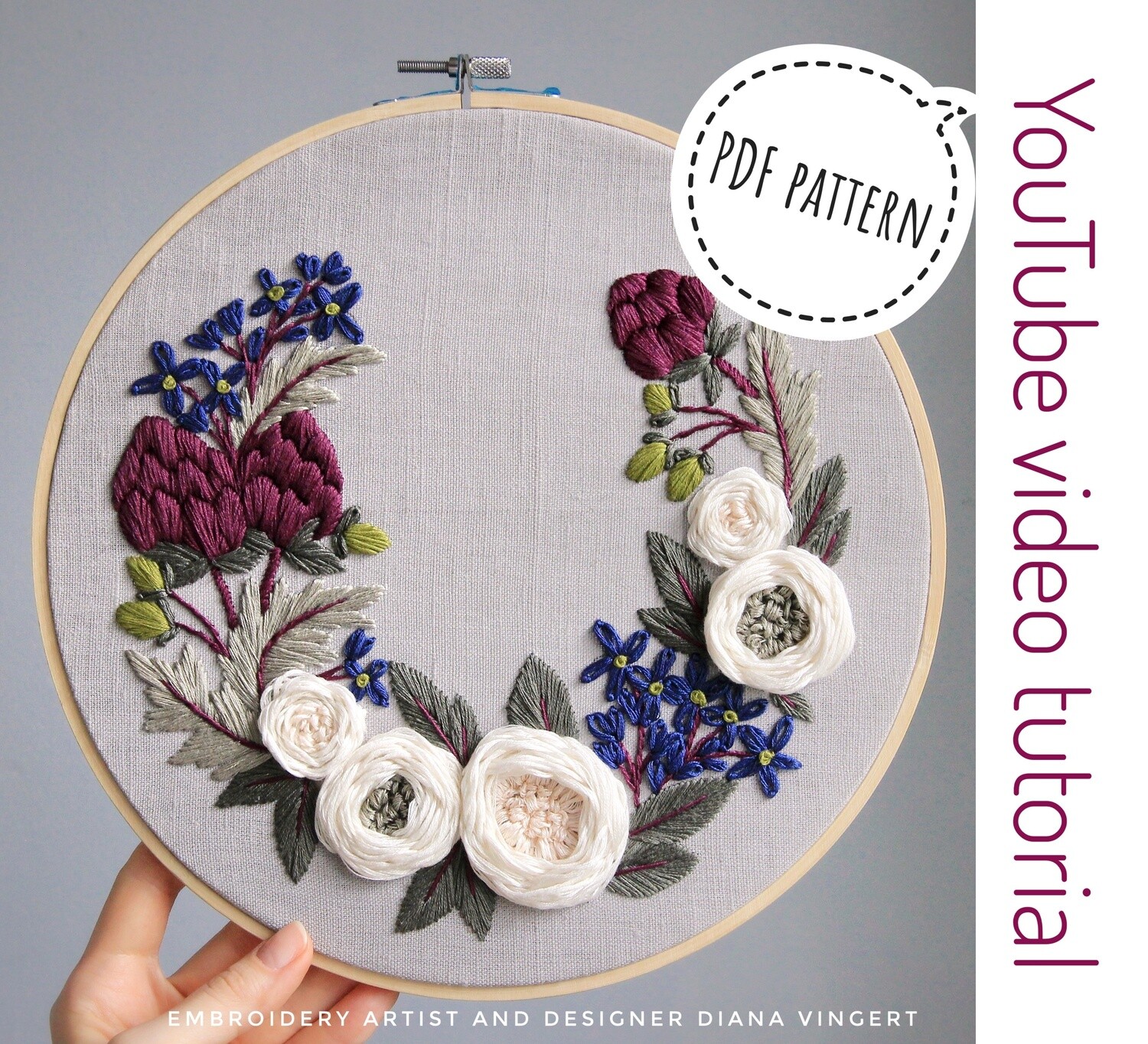 "Artichokes and white roses wreath" pdf pattern 26cm (10") + video tutorial