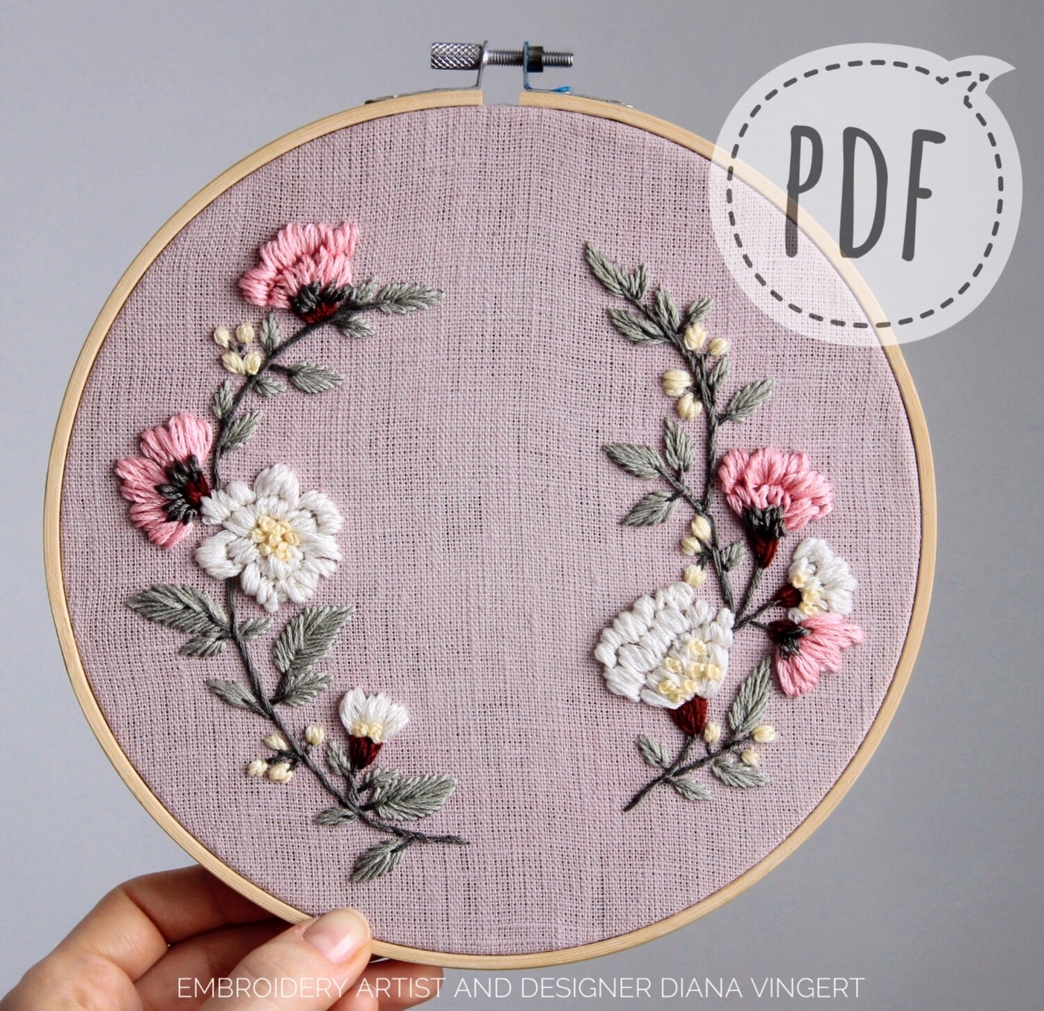 "2502 White, pink roses" pdf pattern 20 cm (8")