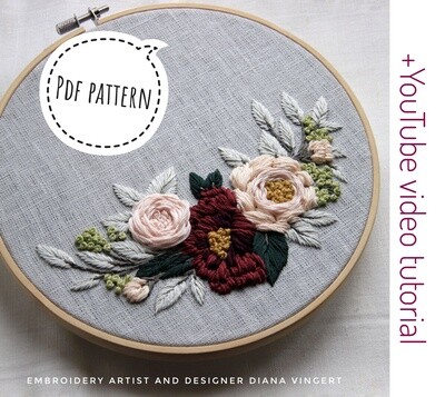 "Garden roses and burgundy dahlia" pdf pattern 20 cm (8")