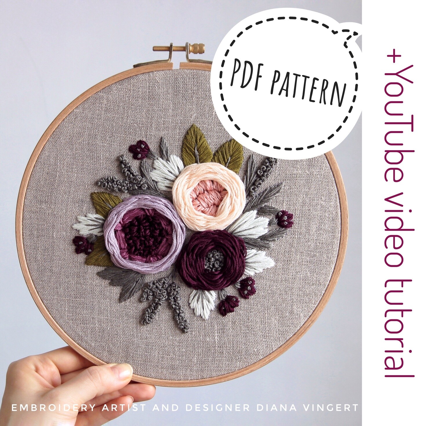 "Purple and soft peach peonies" pdf pattern 20 cm (8") + video tutorial