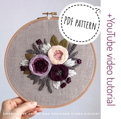 "Purple and soft peach peonies" pdf pattern 20 cm (8") + video tutorial